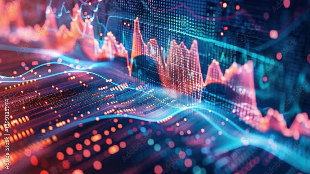 Poster vibrant digital data analytics colorful graphs and patterns showcasing financial trends and technolo