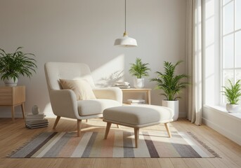 Fototapeta premium Modern minimalist living room with cream armchair, striped rug, light wood furniture, and plants in bright Scandinavian-style space