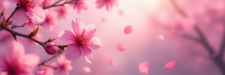 Soft pink sakura petals drift in a serene spring morning haze , sakura, blossom