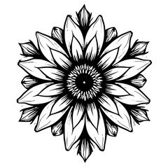 Stylized Sunflower Mandala, Black and White, Geometric Illustration