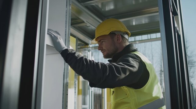 A construction site worker assembling a prefabricated structure. Featuring modular assembly and building