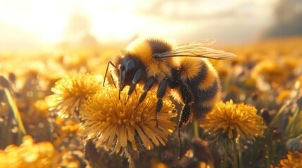 Golden Hour Bumble Bee on Dandelions