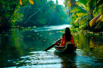 Amidst the tranquil backwaters, a Malayalee girl rows a traditional vanchi boat, her rhythmic strokes reflecting Kerala's deep-rooted connection to water.