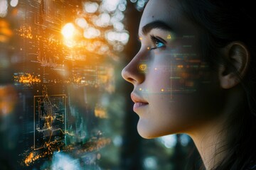 A young woman gazes at a futuristic interface overlaid with data streams and graphs, representing technological advancement and data visualization.
