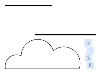 Cloud with horizontal lines overhead, stacked blocks spelling RISK. Ideal for decision-making, strategy, challenges, limitations, forecasting, barriers, abstract line flat metaphor