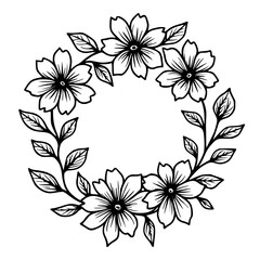Elegant Floral Wreath: Black Line Art on White Background