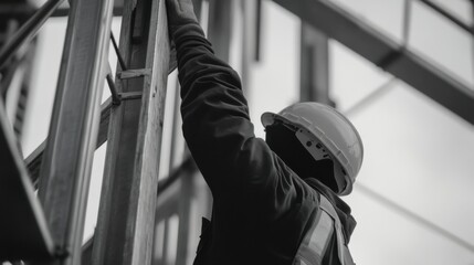 A construction site worker assembling scaffolding for height access. Featuring teamwork and structure assembly