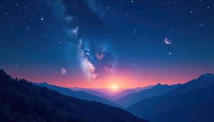 Sparkling stars in a midnight blue sky with shooting stars and planets moving across the horizon, stars, astronomy