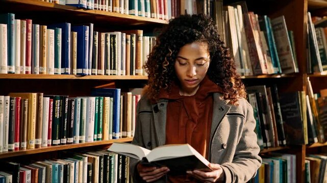 A woman reads a book in a library, captured in a medium shot. The video conveys a studious atmosphere with warm lighting and rows of bookshelves.
