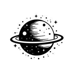 Minimalist Black and White Planet with Rings and Stars