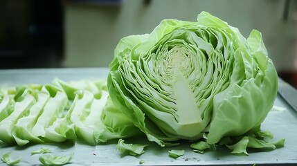 Fototapeta premium Fresh sliced green cabbage on kitchen table, healthy vegetable preparation