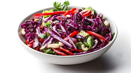 A vibrant red cabbage salad with bell peppers, cashews, and a creamy dressing sits in a white bowl on a white background.