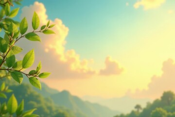 Serene Landscape Featuring Vibrant Green Foliage Against a Softly Lit, Cloudy Sky at Dawn