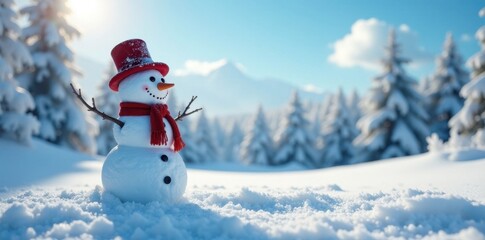 Fototapeta premium Snowman standing alone in a serene winter landscape with snow-covered trees and a bright blue sky, snowflakes, frosty scenery, frozen lake