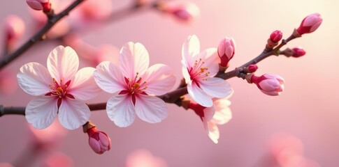 Obraz premium Delicate Pink Blossoms on a Branch, Illuminated by Soft Sunlight, a Symbol of Spring's Arrival