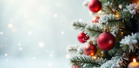 Snowy Christmas tree with sparkling ornaments against a warm white background, evergreen, decorations