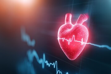 3D heart with electrocardiogram on technological background – healthcare, heartbeat and digital cardiology concept
