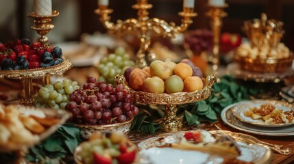 Naklejka premium Luxurious table setting featuring a beautiful arrangement of fresh fruits