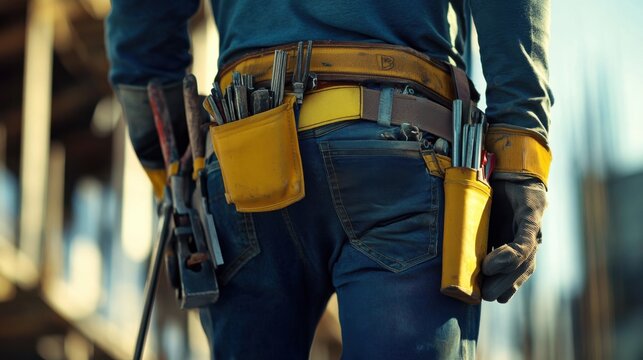 A construction site worker carrying construction tools on a belt. Featuring readiness and practicality