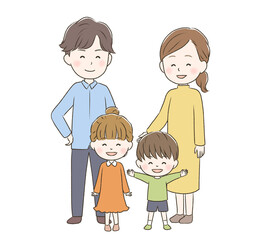 満面の笑顔の全身のかわいい4人家族