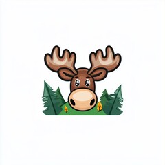 Fototapeta premium Cartoon moose head peeking over a row of autumn trees