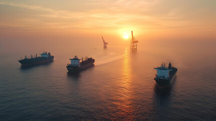 Obraz premium Sunset Over Cargo Ships At Sea
