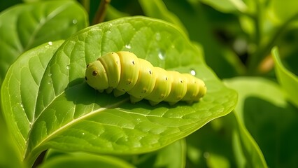 Obraz premium Plump Green Caterpillar on Dewy Leaf