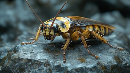 Macro Photography of a Striking Cockroach on a Dark Rock
