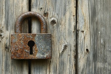 Rusty padlock on weathered wooden door, symbolizing security and age.