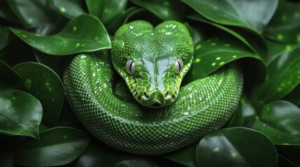 Fototapeta premium Emerald Green Tree Python in Lush Foliage: A Captivating Portrait