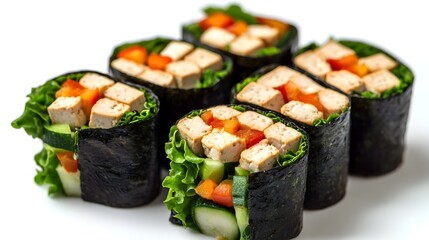 Eight delicious vegan tofu sushi rolls filled with crisp cucumber, bell pepper, and lettuce are artfully arranged on a white background.