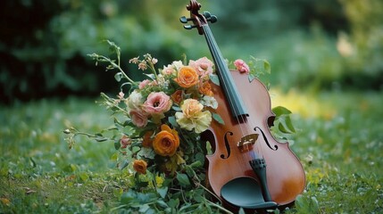 violin next to flowers in the garden