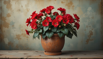 Beautiful red flowers in decorative pot on rustic wooden table, creating warm atmosphere