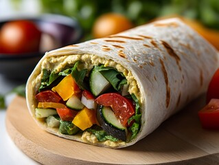 A delicious vegetarian wrap filled with hummus, roasted vegetables and fresh greens sits on a wooden board.