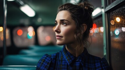 Obraz premium Young woman in plaid shirt gazing out of a bus window at night