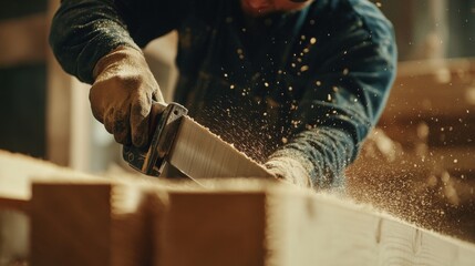 A construction site worker cutting wooden beams with a saw. Featuring precision and attention to detail
