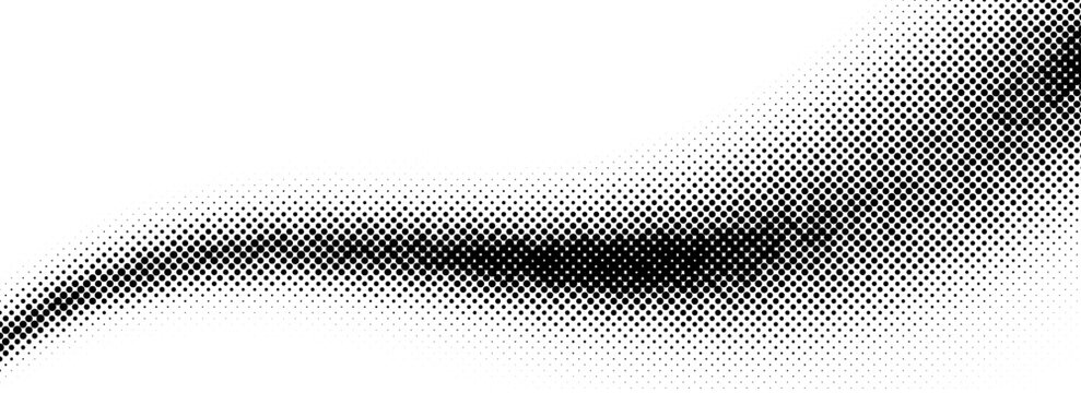 Black halftone wave background. Abstract grain fluid backdrop texture. Dotted curved flow wallpaper. Grit pop art swoosh element for poster, banner, overlay, template, brochure, flyer, leaflet. Vector
