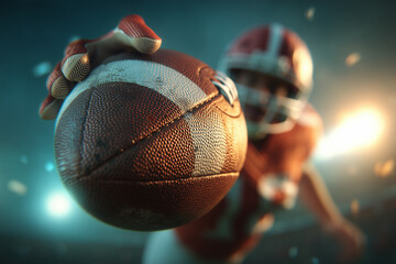 Epic Mid-Air Action Shot of a Pristine American Football Soaring Between Two Rival Players Leaping to Catch It &ndash; Intense Game Moment Captured with Stunning Detail, Motion, and Competitive Energy