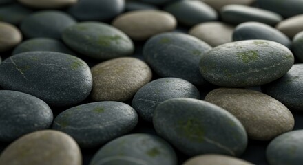 Close up of Smooth Gray Stones with Mossy Patches in Natural Light