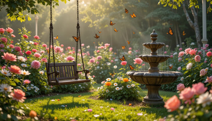 serene garden scene with swing and fountain surrounded by colorful flowers and butterflies