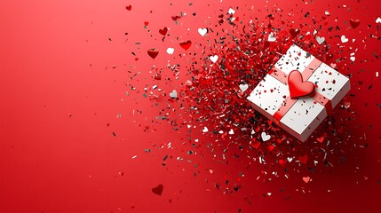 Colorful Heart-Decorated Gift Box with Confetti on a Vibrant Red Background