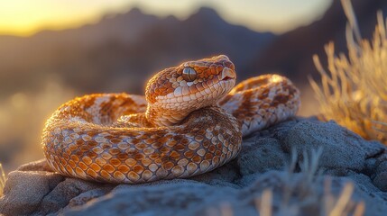 Fototapeta premium Golden Hour Serpent: A Desert Rattlesnake Basking in the Sunset's Glow