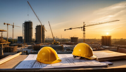 Construction site hard hats cranes sunset blueprints urban skyline safety equipment building