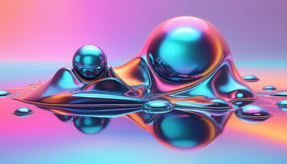 Colorful abstract liquid with shiny spheres and smooth surfaces reflecting light