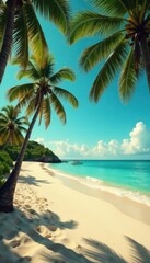 Vintage postcard-style image of a beach with swaying palms and sun-kissed sand, sunny, vintage