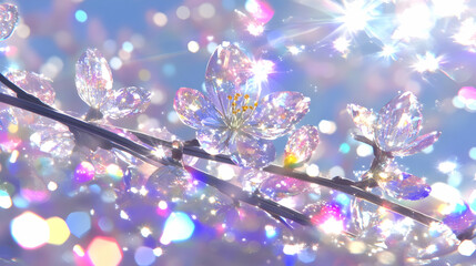 Springtime banner. Golden bokeh with pink cherry blossoms on a vivid blue backdrop