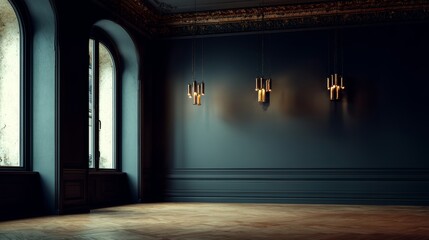 Elegant empty vintage room interior at night with classic architectural details and dramatic lighting, offering spacious copy space for creative design, advertising, or promotional layout