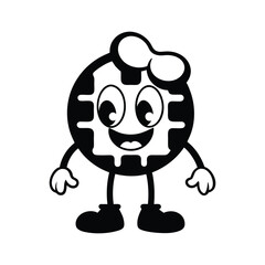 Black and white waffle mascot with syrup drip and cheerful pose.eps