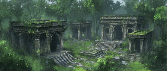 Jungle ruins of an ancient temple complex