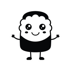 Black and white sushi roll mascot with seaweed wrap and happy smil.eps